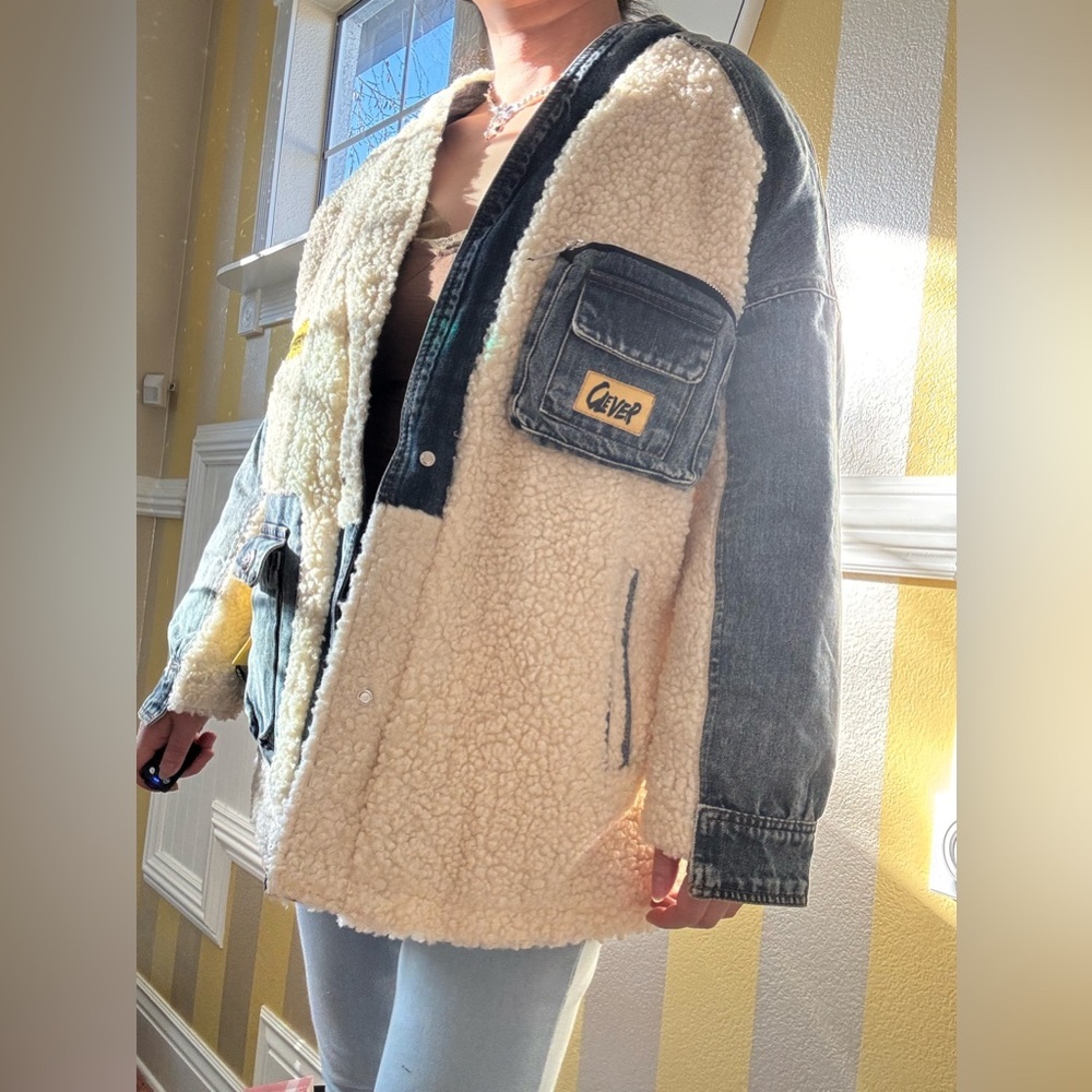 Denim and Sherpa Jacket with Yellow Accents - Picture 8 of 8
